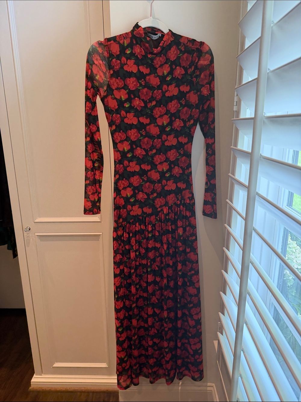 RHODE Long Sleeve Black Maxi Dress with Red Floral Print